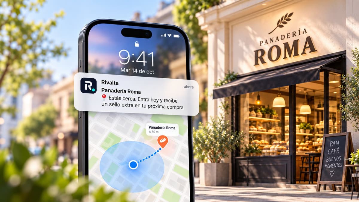 Notificación de Rivalta en la pantalla de bloqueo de un iPhone frente a Panadería Roma: «Estás cerca. Entra hoy y recibe un sello extra en tu próxima compra», con un mapa que marca el negocio a 80 metros