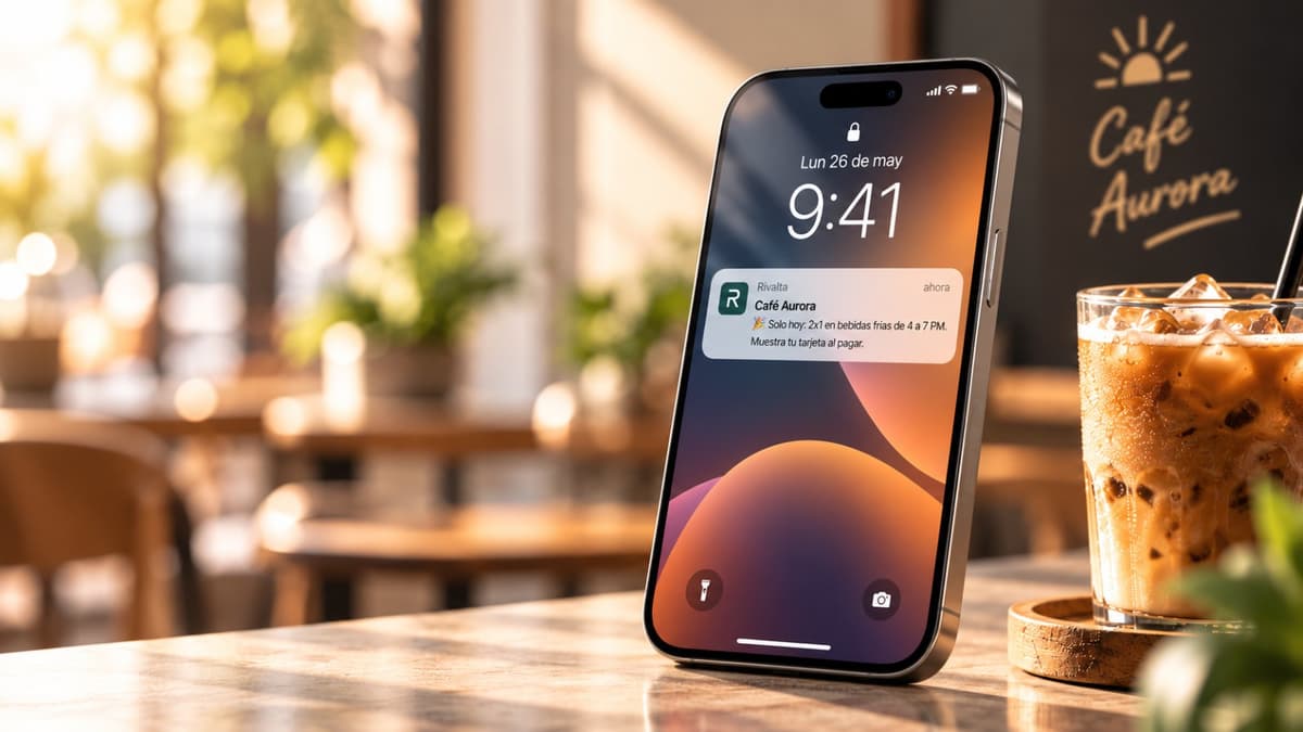 Notificación de Rivalta en la pantalla de bloqueo de un iPhone sobre la mesa de Café Aurora, junto a un café frío: «Solo hoy: 2x1 en bebidas frías de 4 a 7 PM. Muestra tu tarjeta al pagar»